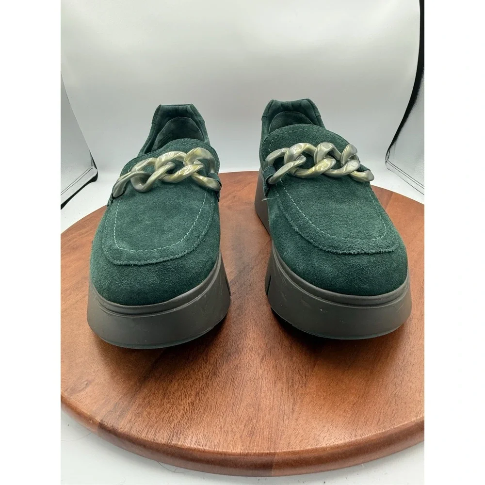 NAKED FEET Princeton Emerald Suede Chunky Chain PLatform Loafer Women's Size 9.5